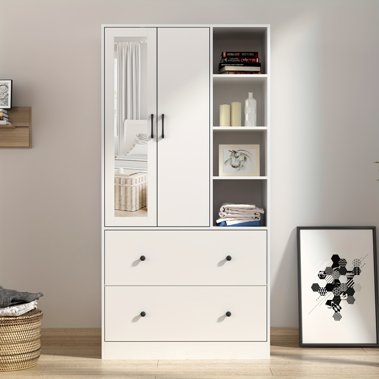 

Closet With Doors And Mirror, With Hanging Rod, Clothes With Drawers And Shelves, Modern Closet