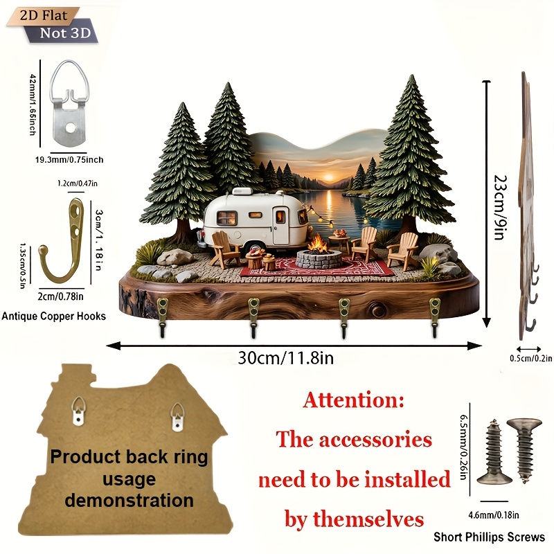 E-shop 2D Flat. 1 Stück. Schlüsselhaken für Camping- - Multifunktionales dekoratives Schlüsselbrett aus Holz, mit vier Metallhaken, Wanddeko, Raumdeko,