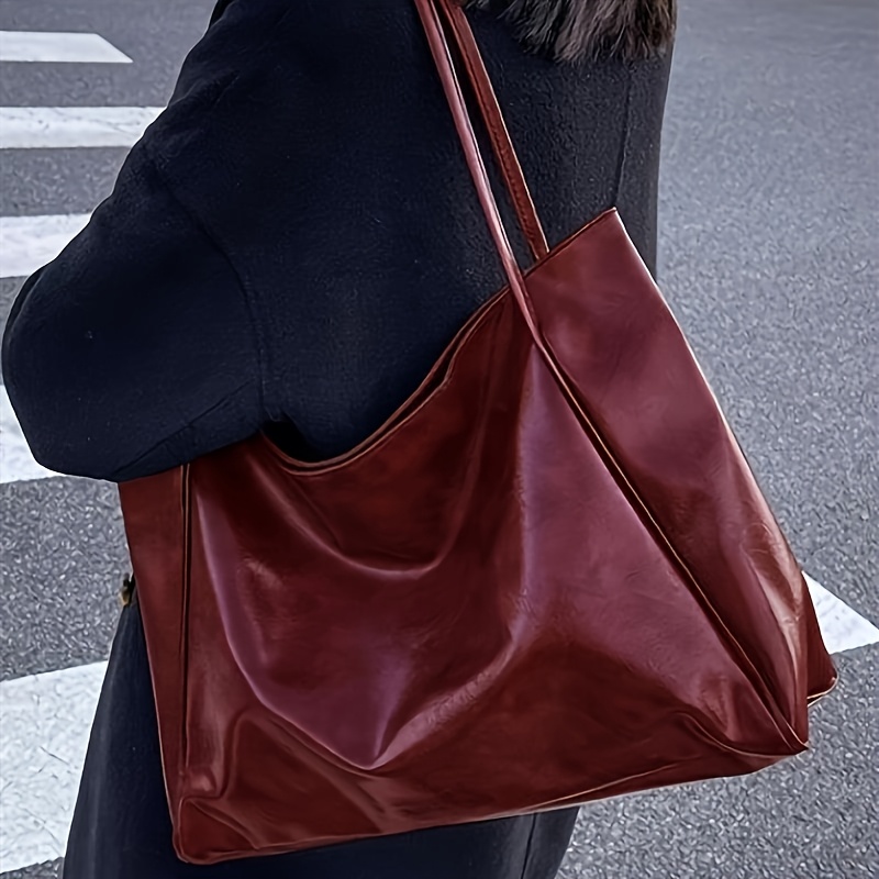 

Vintage Red Leather Tote Bag With Safety , Fixed Shoulder Strap And - Vintage Style Large Capacity Shoulder Bag For Women