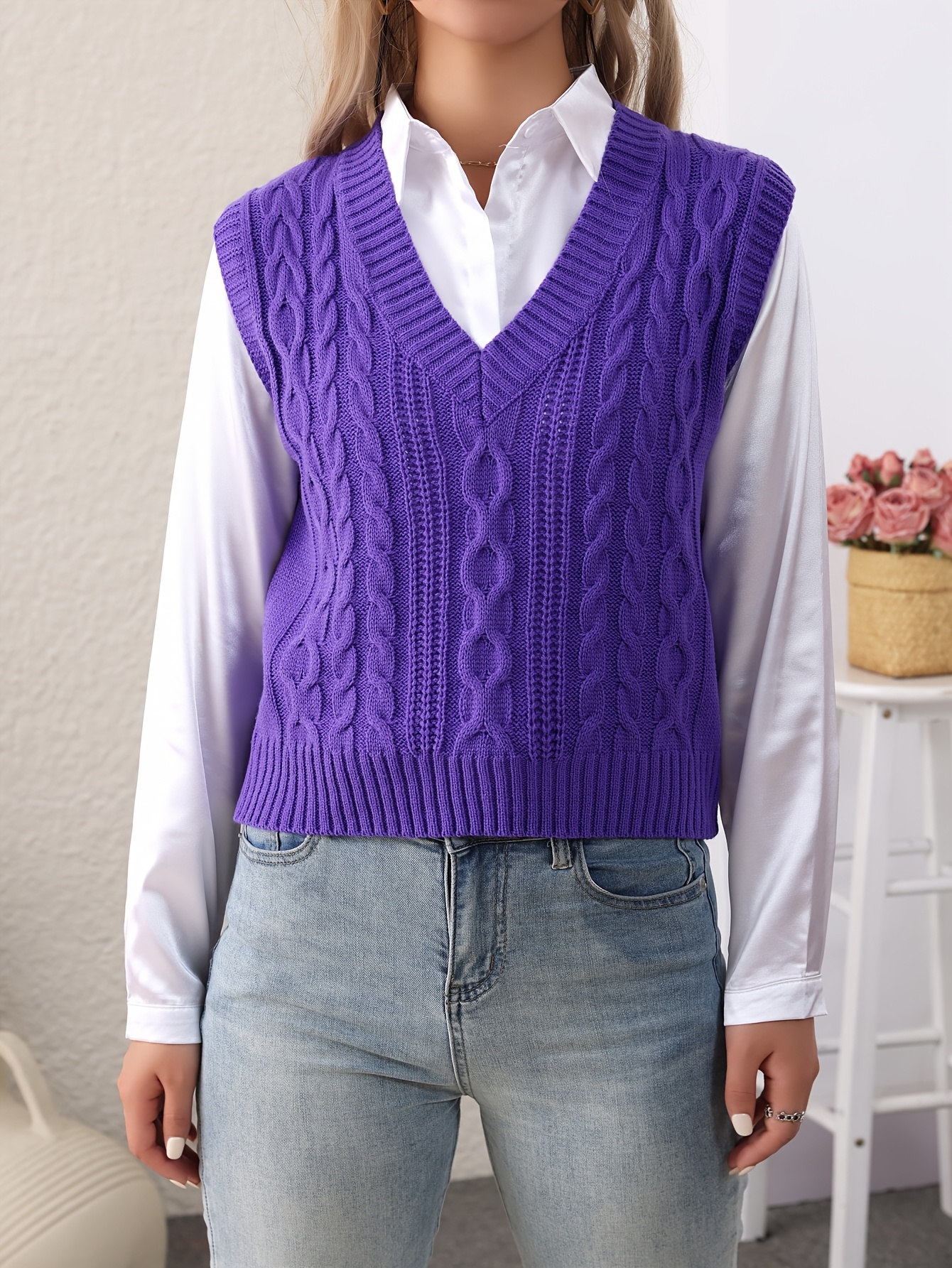 1pc Women'S Casual Knit V-Neck Sleeveless Vest Sweater Solid Color  Acrylic Pullover with Stretch for Spring/Summer/Fall Cable Knit Texture,