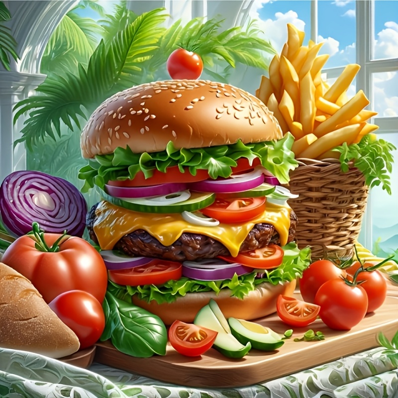 TEMU Peinture diamant cadre 30x30cm, burger , frites, légumes frais, nourriture, perçage complet, carré, art mural