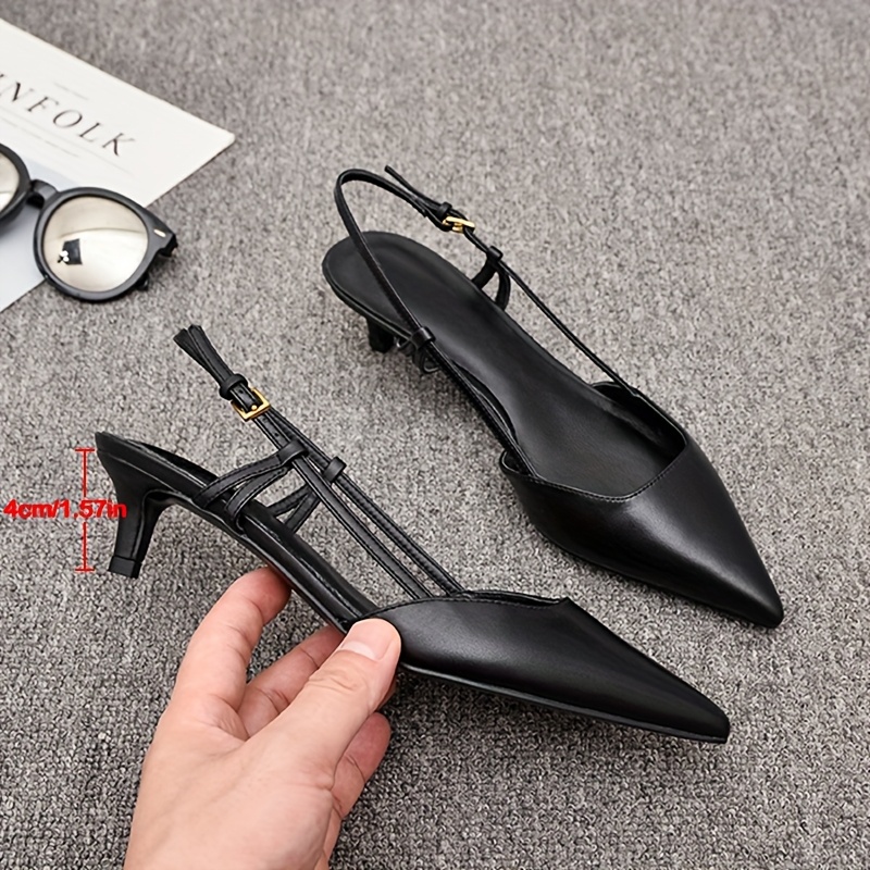 Black Faux Cover Pointed Toe Mid-Heel Sandals for Women - Elegant Summer Party & Professional Wear with Golden-Tone Buckle Strap, Formal Occasion Shoes | Sleek Stiletto Design | Durable Rubber Sole, High Heel Sandals