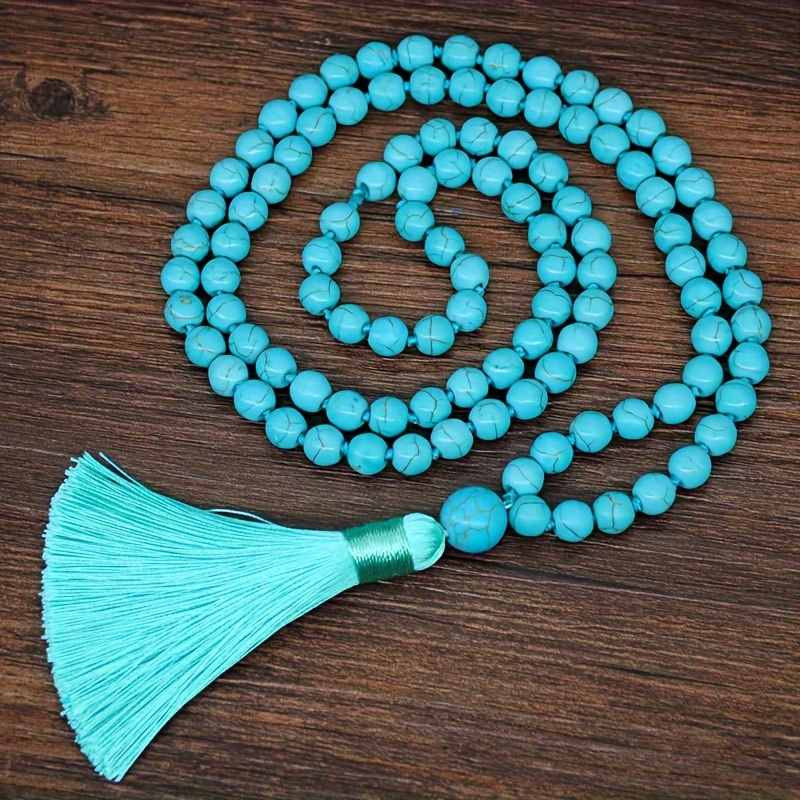 

Vintage Turquoise Necklace Boho Style Aqua Thread Tassel Pendant Handmade Beaded Knotted Long Chain Personality Versatile Party & Daily Summer & Winter Wear Necklace Jewelry