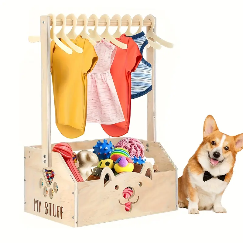 Hunde Kleiderschrank Organizer aus Holz mit Hakenbügel und Aufbewahrungsboxen - Haustier Kleiderschrank mit mehreren Fächern für Kleidung, Spielzeug, Zubehör
