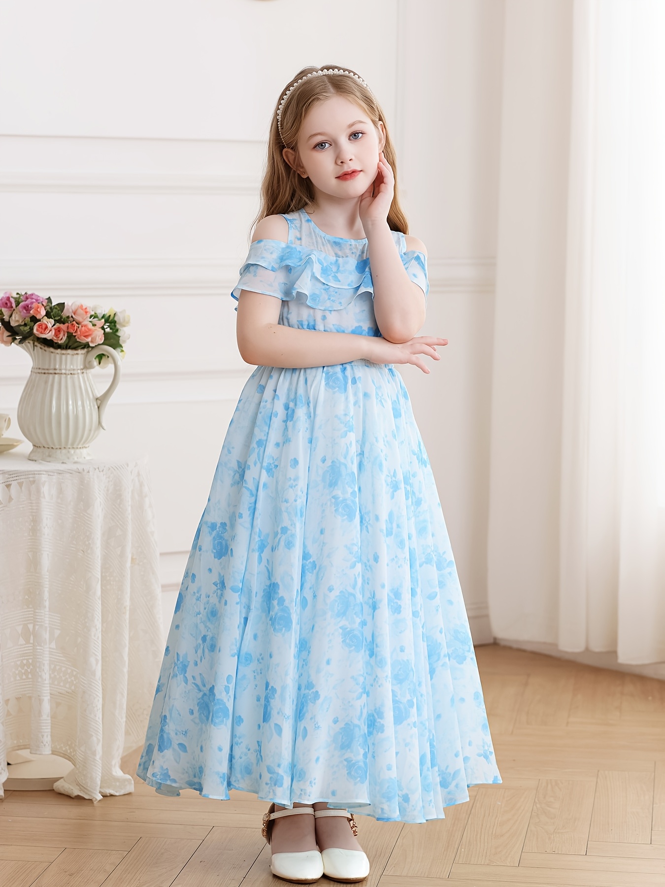 girls' floral chiffon princess dress sweet shoulder summer Temu