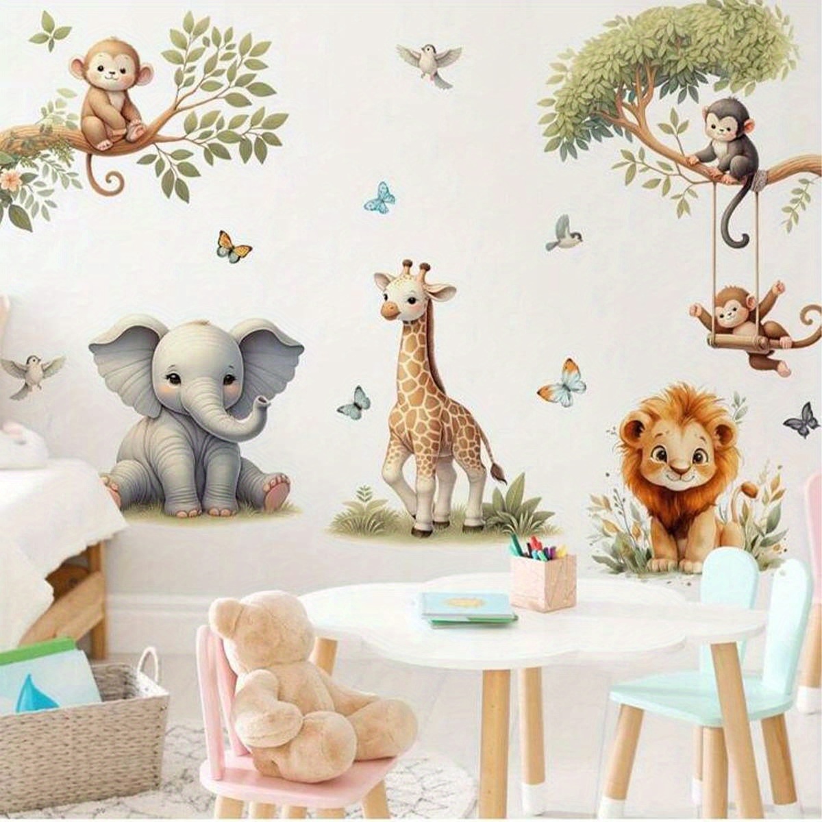1pc Jungle Animal Wall Decals Suitable For Room Decor - Removable Vinyl Sticker With Lion, Elephant, Giraffe, Monkey - Modern For Bedroom,, Playroom