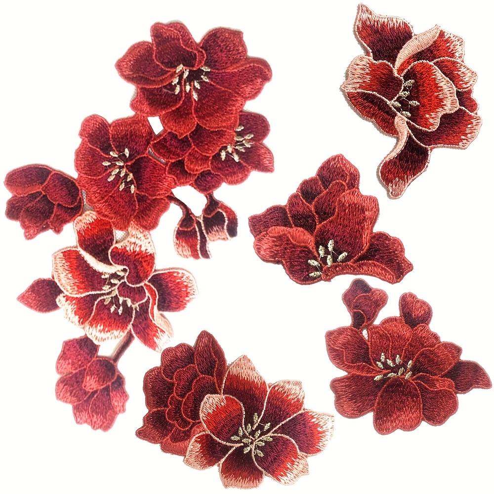 E-shop 1 Set (5 Stück) Rote Magnolienblüten Stickerei Stoffflicken Kleid Kleiderdekoration Wasserlösliche Flicken