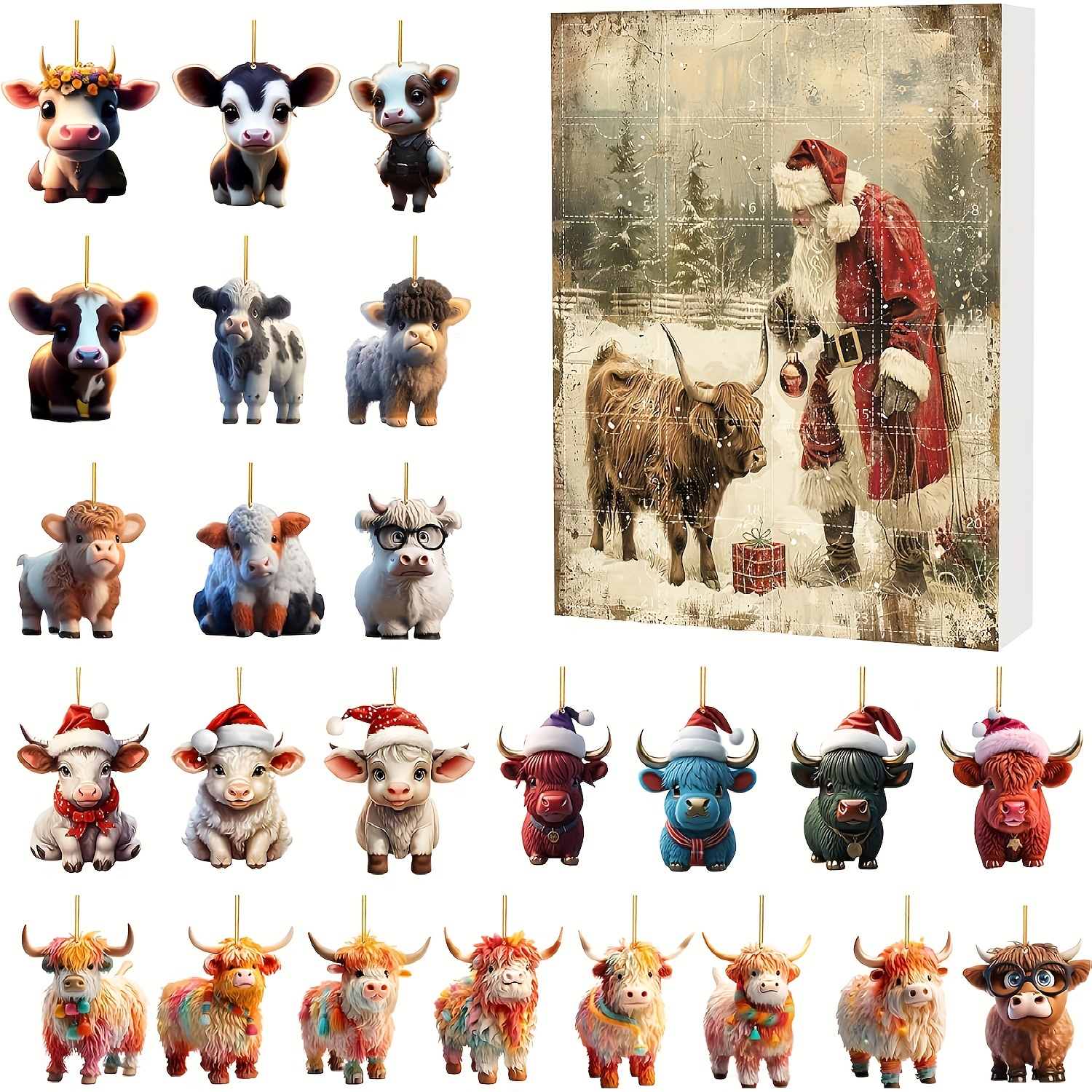 

Christmas Cow Calendar Ornaments - 24 Cow For Christmas Tree Decoration - Hanging Decor - Unique For