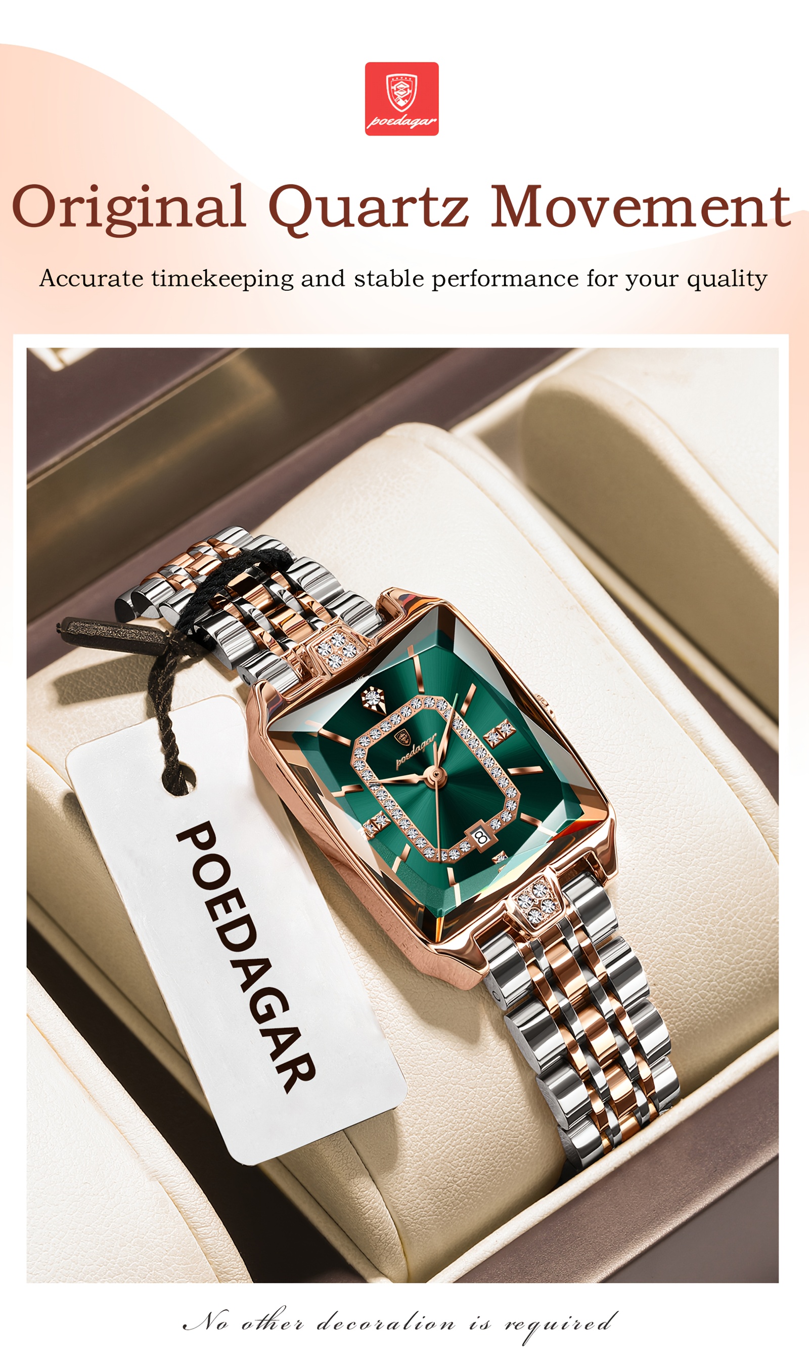 Elegant Waterproof Stainless Steel Square Quartz Ladies Watch with Calendar