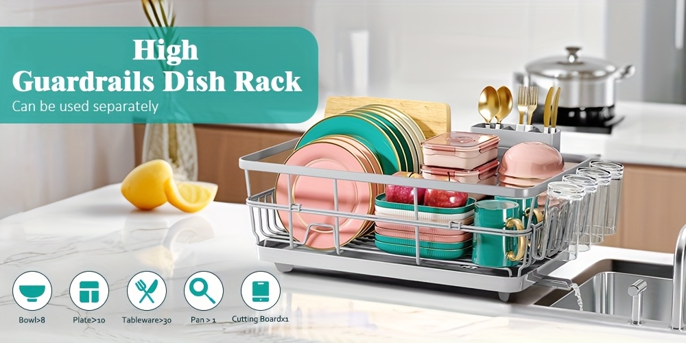   large metal dish drying rack for kitchen counter sink space saving dish drainer with drain board cup holder cutlery organizer plates bowls utensils storage Product details 0