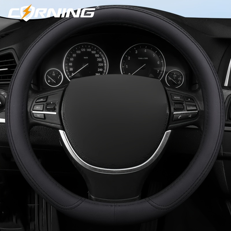 TEMU Classic Matte Pu Leather Steering Wheel Cover With Ventilation Holes, Size 37-39cm, Anti-slip And Breathable