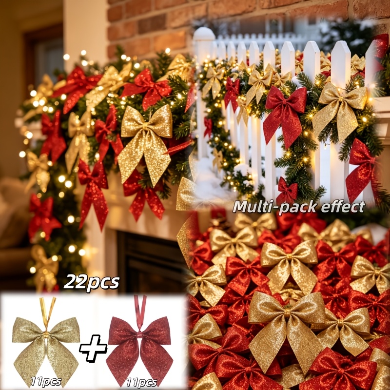 TEMU 22pcs Combinaison de Nœuds Dorés et Rouges Style Noël | Convient pour Divers Cadeaux et Décorations de Fêtes, à Suspendre aux de Noël | Couronne