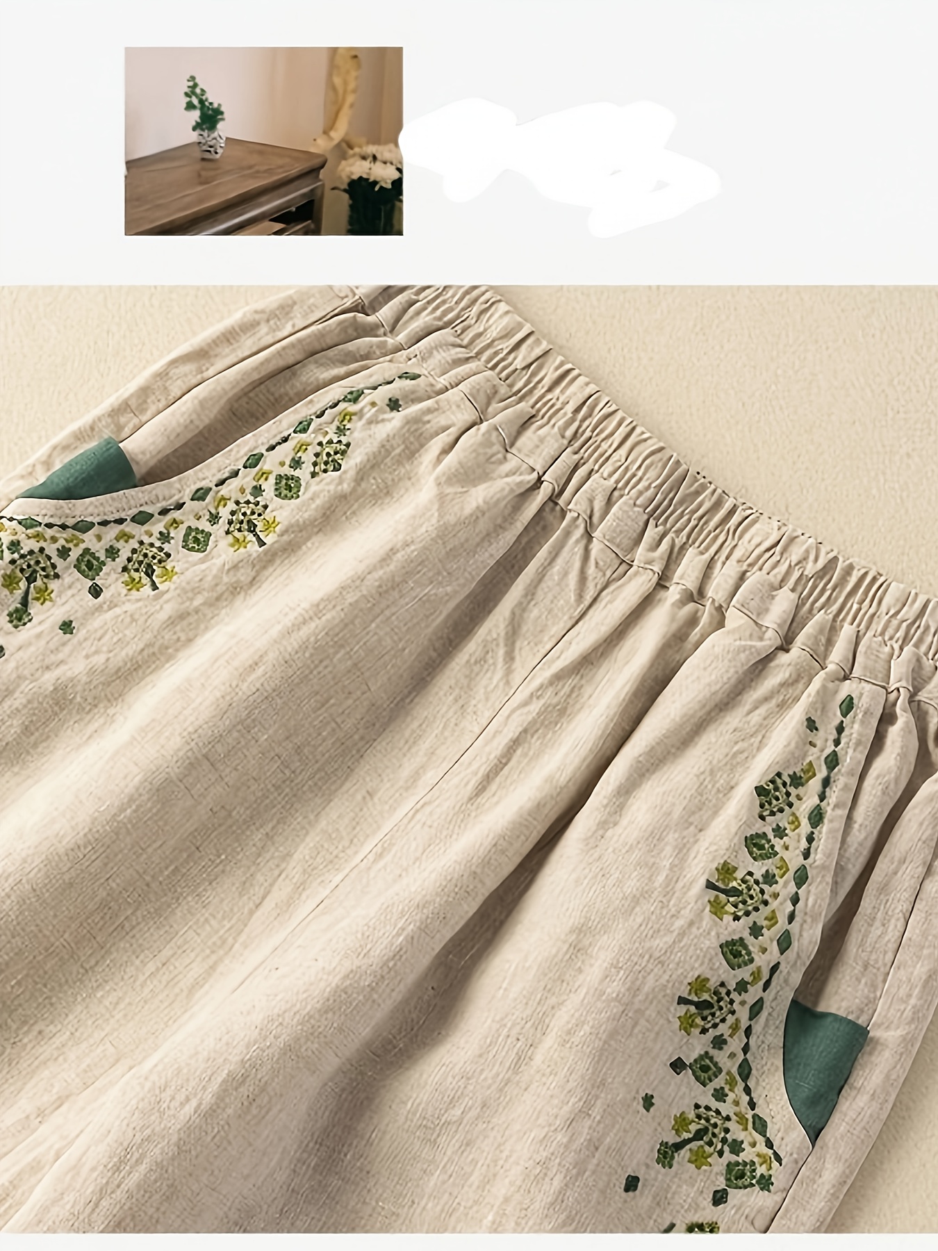 Women's Vintage Floral -like Pants, Beige with Turned -up Hem, Non-Stretchy Viscose Trousers for Casual & Formal Outfits - Machine Washable Loose Harem Pants for Everyday or Special Events, High Waist Pants, Spring Fashion, Relaxed Fit, Breathable Material, Elastic Waistband, Boho Style