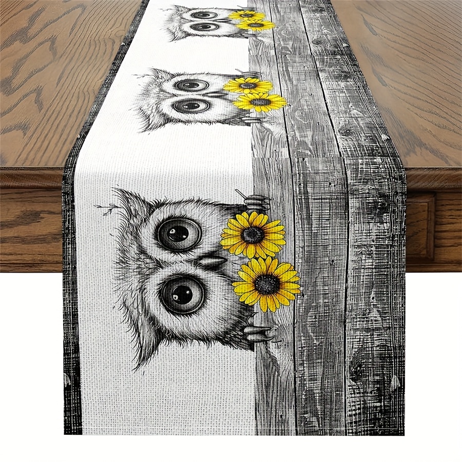 E-shop 1pc Leinen Eule Tischläufer - Cartoon Eule & Sonnenblumen Design, Wildtier Wildtier Thema, Rustikale Holzstruktur, für Heimparty Dekoration,