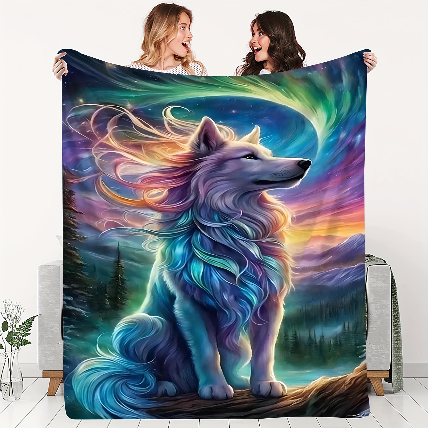 

Contemporary Colorful Wolf King Pattern Soft Fleece Blanket, Animal Theme All-season Knitted Throw With Unique Embellishments, 100% Polyester Cozy Flannel Gift For Friends