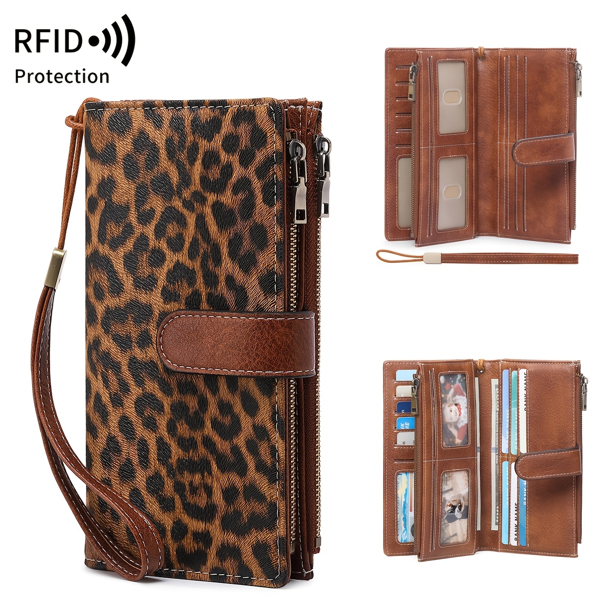 Image of Rfid Blocking Vintage Cow Pattern Long Wallet Pu Solid Color Large Capacity Women's Wallet Leopard Print Zipper Wallet With Wristband Passport Ticket Credit Card Holder