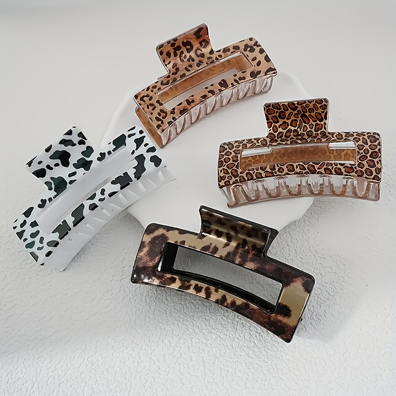 

6-piece Fashion Hair Claw Clips Set, Minimalist Plastic Hair Clamps With Leopard And Geometric Patterns, Oblong Gripping Hair Accessories For Women And Teens - Styles For Daily Use