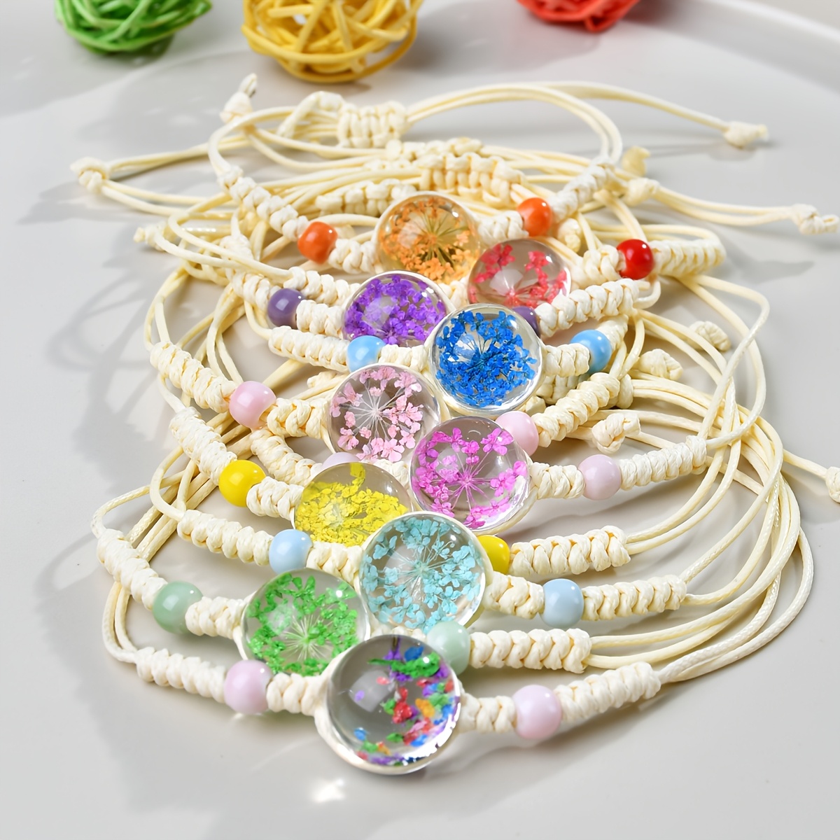 Image of 10pcs Set Summer Colorful Flower Resin Braided Bracelets Bohemian Style Adjustable Sweet Cute Fashion Festival Gift 'an Targeted