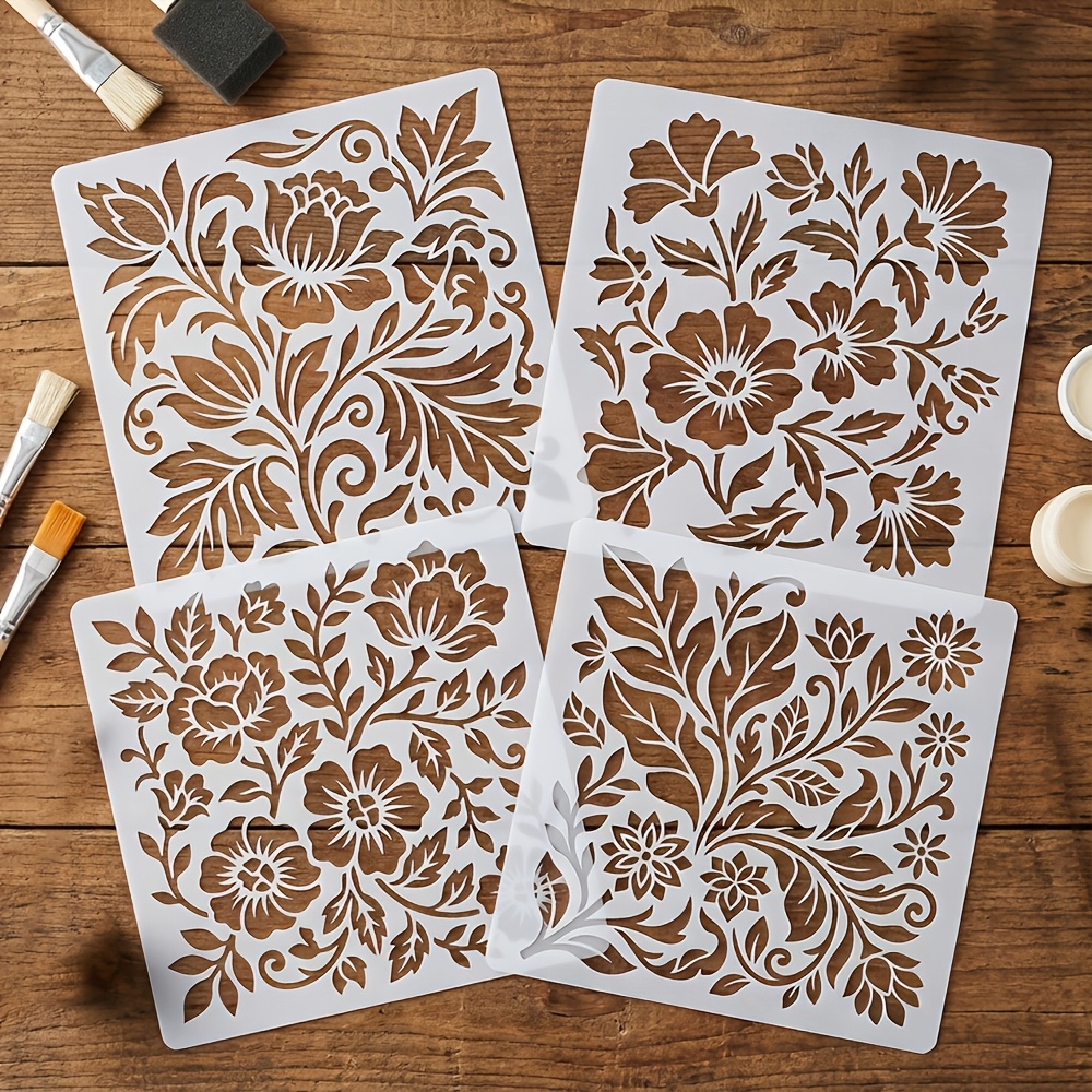 TEMU 4 Floral Plant Painting Stencils - 6.0-inch Floral And Plant Spray Templates - Suitable For Painting, Scrapbooking, Wall Decor, Paper, Crafts,