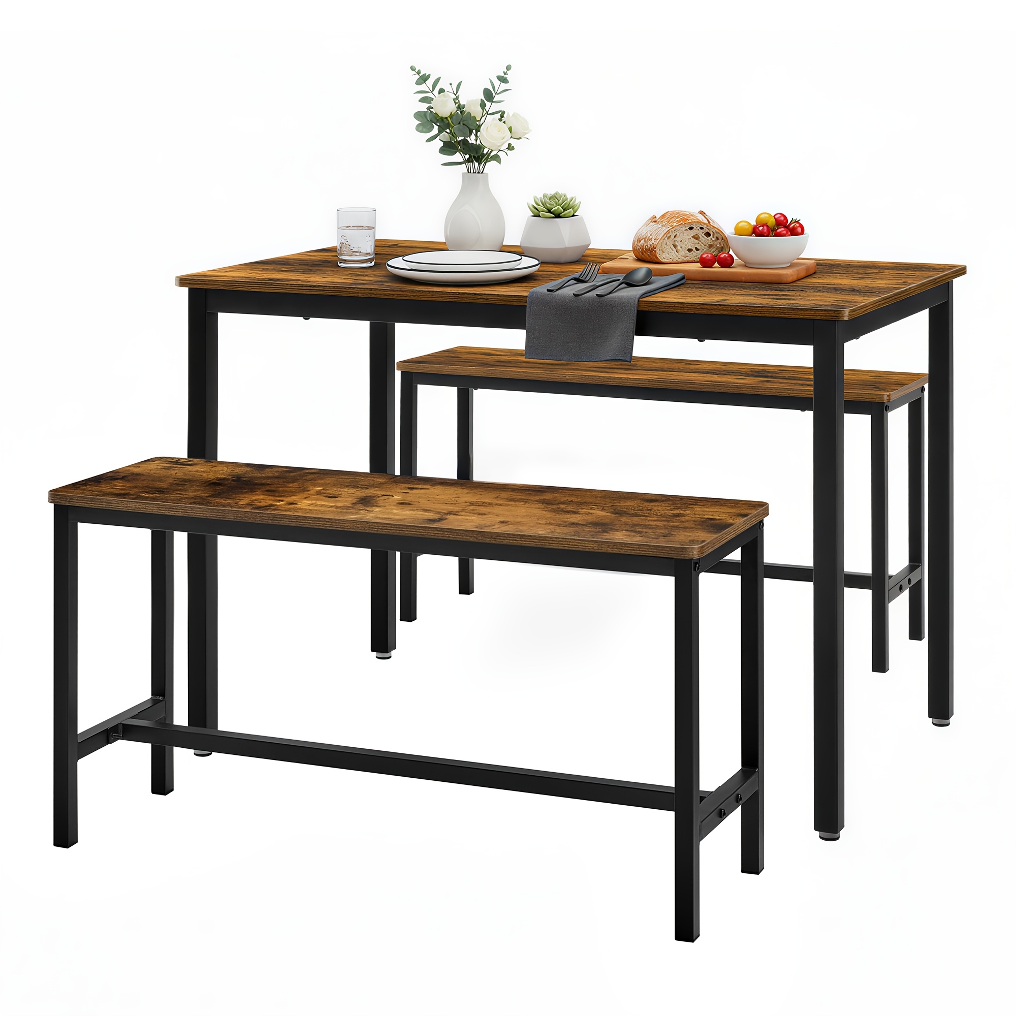 TEMU Mesa de comedor con 2 , juego de 3, mesa de cocina, 2 para comedor, estructura de acero, marrón y negro