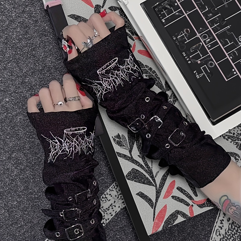 TEMU 1 Paire de Gants Noirs Mi-Doigts avec Boucle Métallique Noire Brodée Y2K Punk, Manchons de Protection Solaire Tendance, Gants de Protection