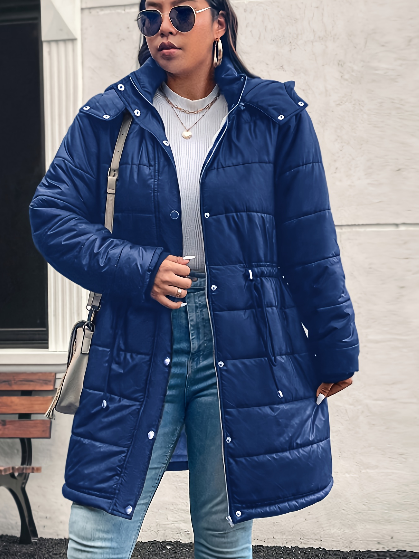 Plus Size Women'S Plus Size Navy Blue Hooded Winter Coat Warm Puffer  Jacket with Drawstring, Long Sleeves, and Front Pockets, Casual Knee-Length  D