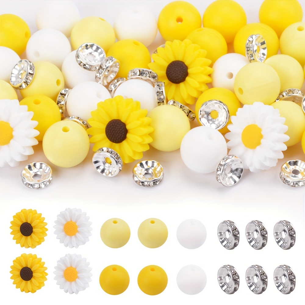 

69 Pcs Daisy Silicone Beads Summer Theme Focus Beads Round Spacer Beads Glass Rhinestone Spacer Beads Supplies For Diy Necklace Accessories Lanyard Keychain Jewelry Making