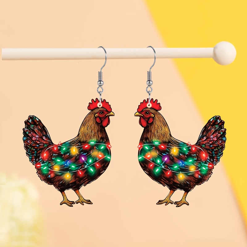 

1 Pair Y2k Cartoon Style Acrylic Chicken Earrings With String Lights, Stainless Steel Ear Hooks, Christmas Party Jewelry For Women And Girls, Celebratory Holiday Accessory, Wear