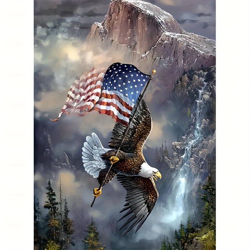 

5d Diy Round Diamond Painting Kit, Eagle And American Flag Cross Stitch Wall Art Decor, Animal Theme Canvas Painting Set For Beginners And Craft Lovers, Perfect Gift For Home And Office Decoration