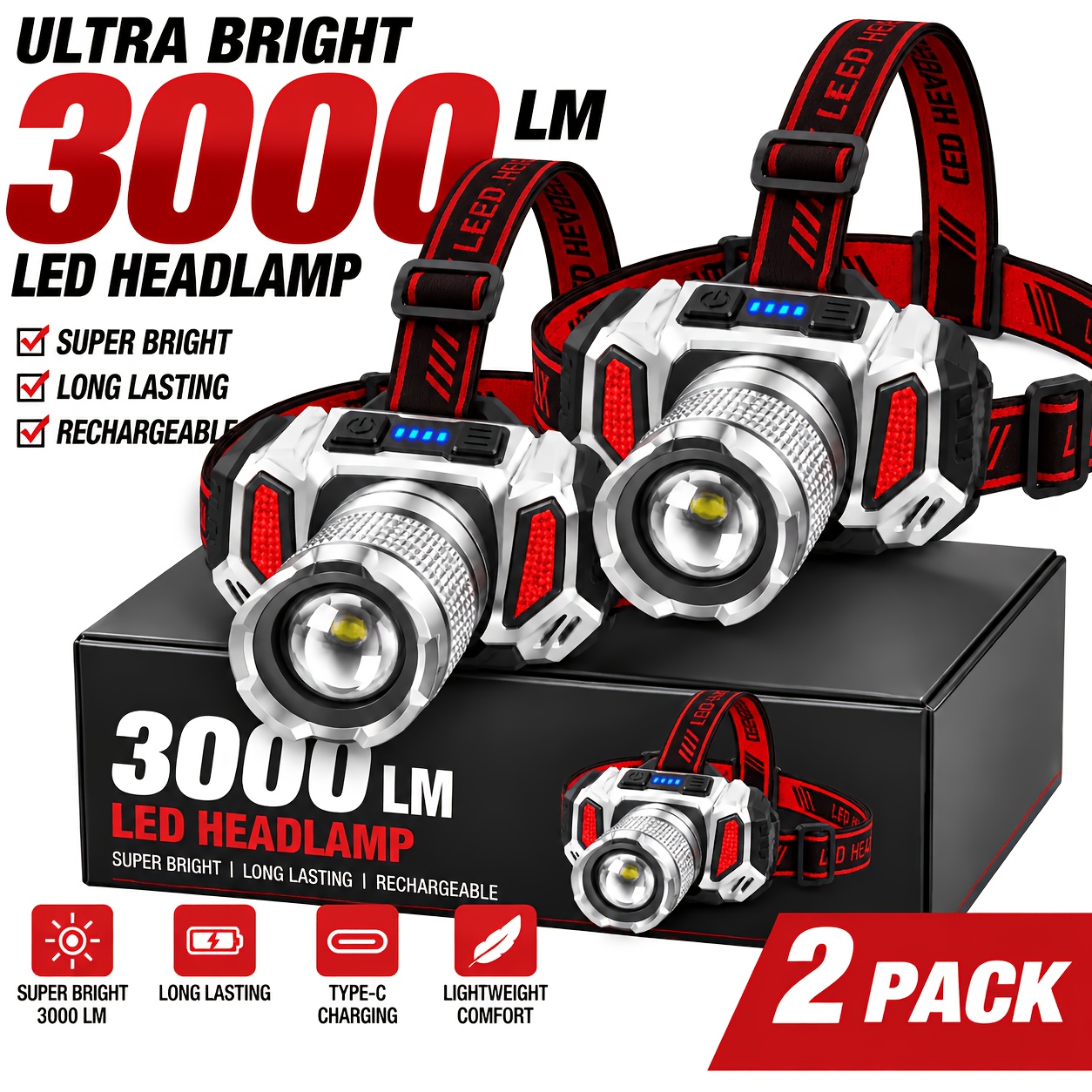 TEMU 2pcs ( Free) Usb Rechargeable Headlights. With 3 Brightness And Electric Quantity Display, This Bright Headlight Is Suitable For Fishing,
