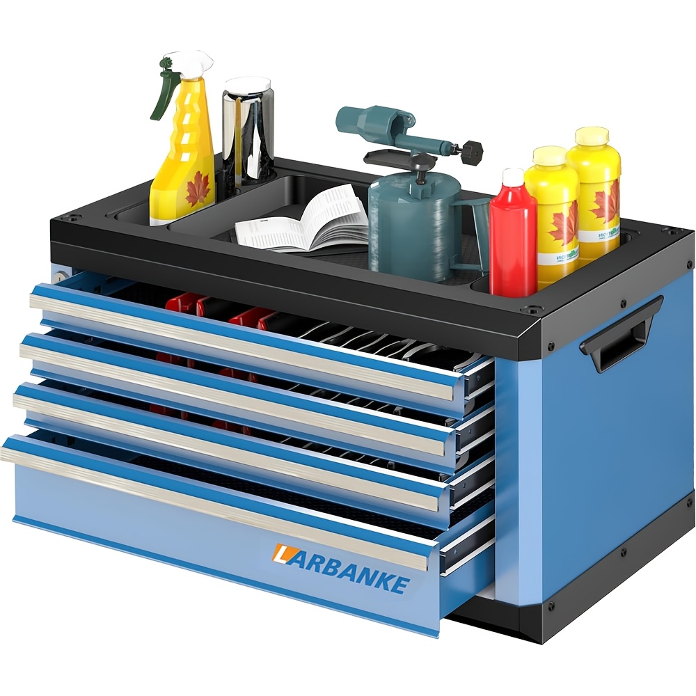 Image of Portable 4-drawer Toolbox With Safety Lock System, Portable Toolbox With Multifunctional Workbench, Drawer Socket And Connection Hole, Suitable For Home Storage