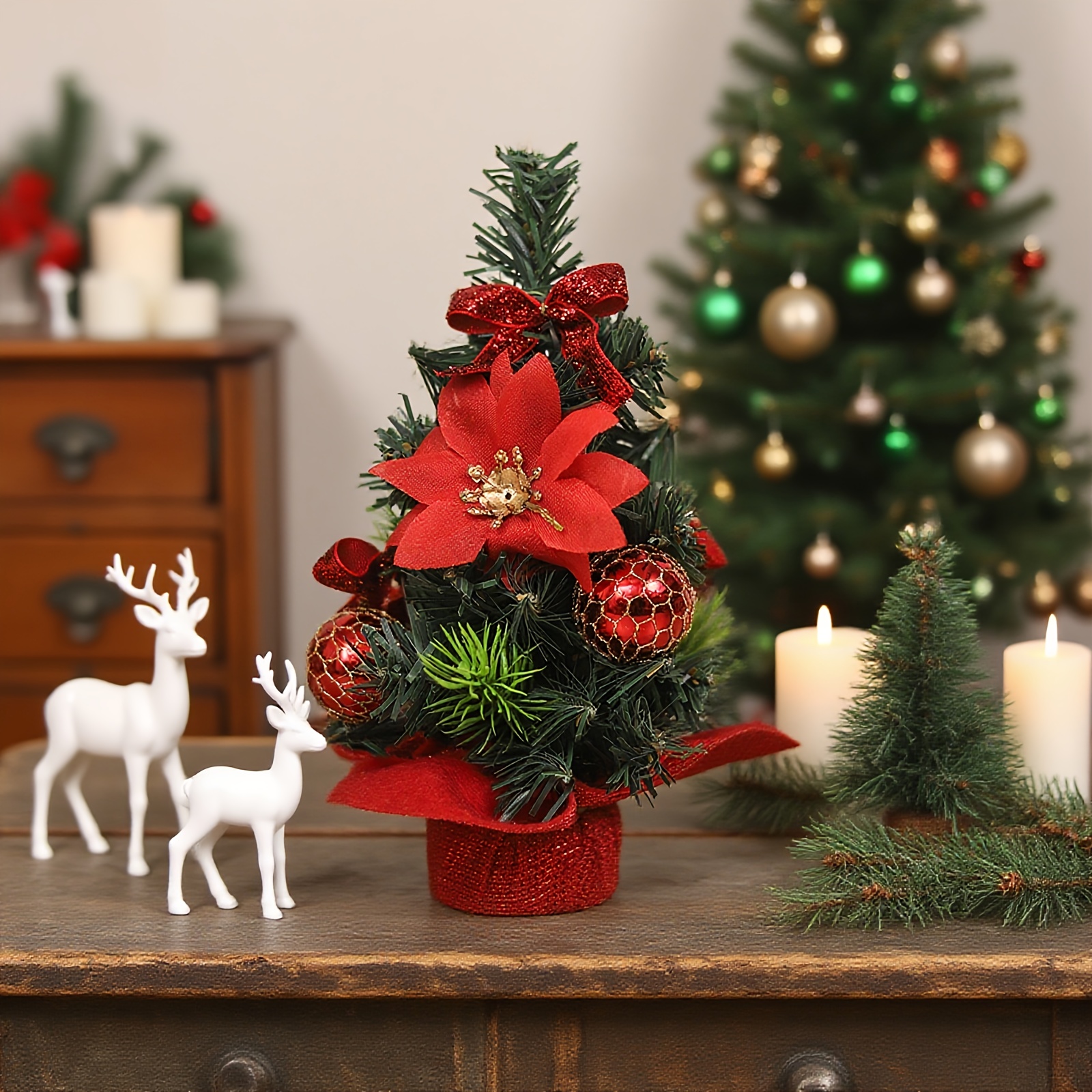 TEMU Mini Ornamento Albero di Natale in Opzioni Multicolore Oro//, con Pompon, Nastro e Base Squisita. per Decorazione Scrivania e da Caff癡. per e