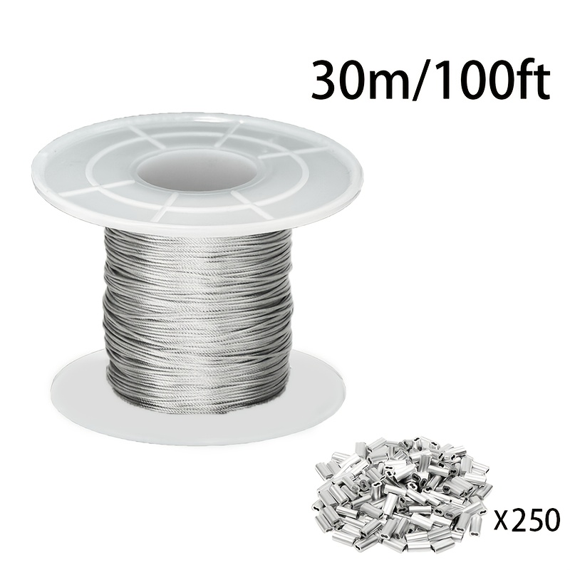 Image of Steel Cable, 50/100/200/ 1/32 Inch Wire Rope With 250 Aluminum Sleeves, For Hanging String Lights, Hangers, Trellis Wires