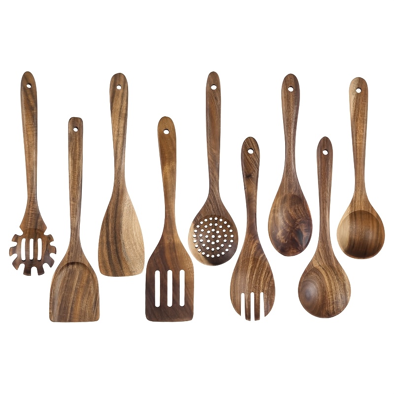 Image of Acacia Small Leaf 9pcs Kitchen Household Set Wooden Spatula Slotted Spatula Chinese Spatula Spaghetti Spoon Salad Spoon Soup Ladle Rice Spoon Long Handle Spoon Kitchenware