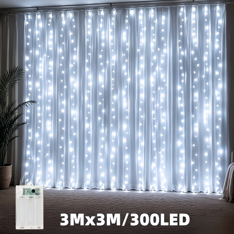 TEMU 1 pieza Cortina de luces de de 300 LED a pilas, pilas no incluidas, 8 de iluminación, ideal para telón de de cortina de dormitorio, ventanas de