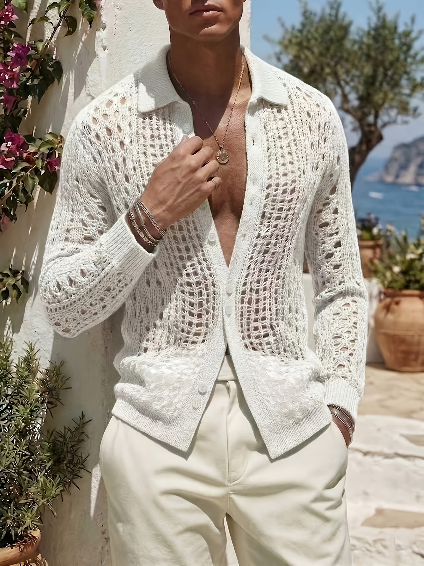 Men's Knitwear, Bean Green Hollow-out Knit Cardigan, Lapel & Single-breasted Design, Breathable & Casual, with a Relaxed Vacation Vibe
