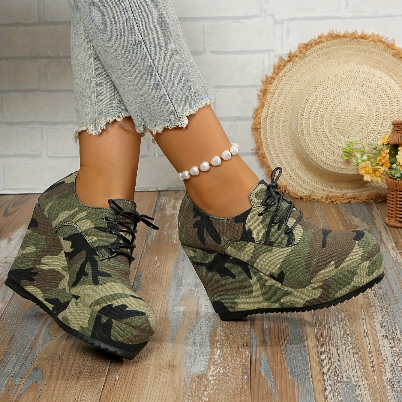Zuecos con Estampado de Camuflaje para Mujer Zapatos Plataforma Cómodos  con Cordones y Gruesa, Diseño para Uso Tacón Confortab