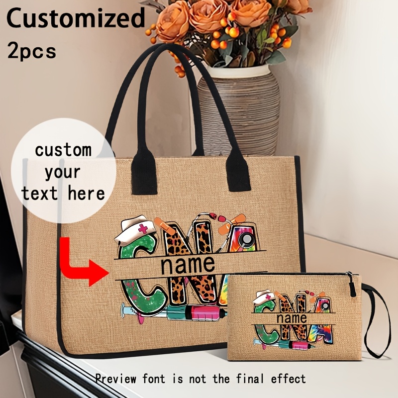 

2pcs Fashionable Customizable Cna Theme Linen Tote Bag Set For Women, Large Capacity Shoulder Bag With Matching Cosmetic Pouch, Fixed Strap, Non-close Design, Fabric Material