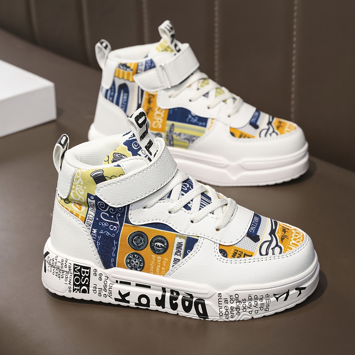Youngsters' Comfortable Mid-Top Sneakers with Closure, Colorful Random Print Design, Breathable PU/Fabric Upper & EVA Cushioned Sole - All-Season Casual Shoes for Boys & Girls, School, Outdoor Play & Daily Activities, Kid Shoes, School Footwear, Stylish Stitching Details, Fabric Lined Interior