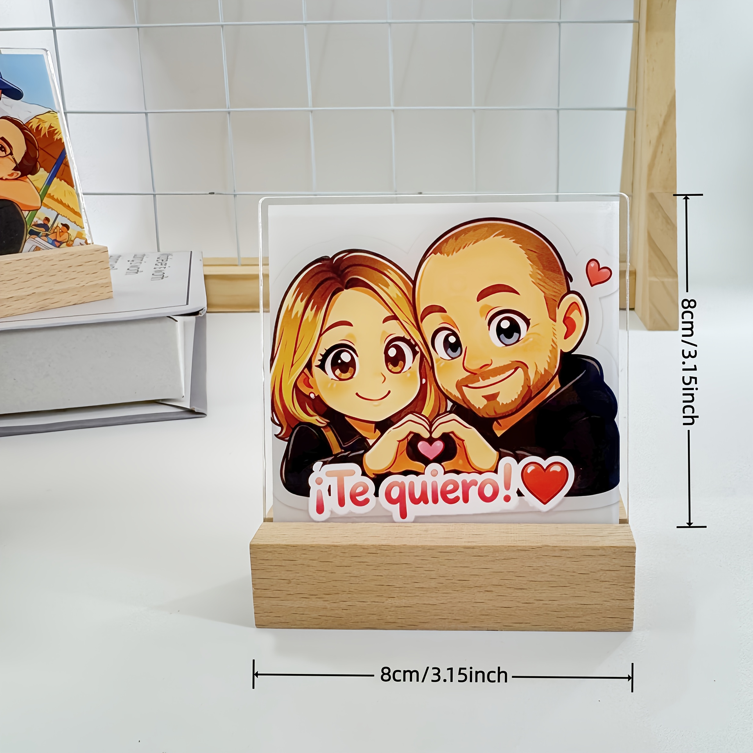 TEMU 2d Flat, Custom Couple/family 2d Cartoon-style Acrylic Photo Stand With Wooden Base, A Personalized Couple/family Portrait Figurine That Flat