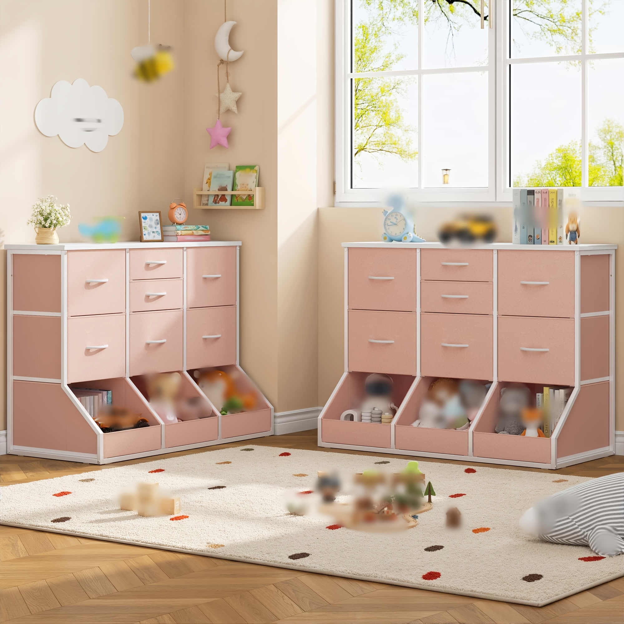 Single Bedroom with 7 Drawers And 3 Large Open Storage Combination Cabinets, Including Wardrobe Cabinets, Dressing Tables, Drawer Cabinets, Filing Cabinets, for Home/hallway/bedroom Use, White/pink/purple/black/brown