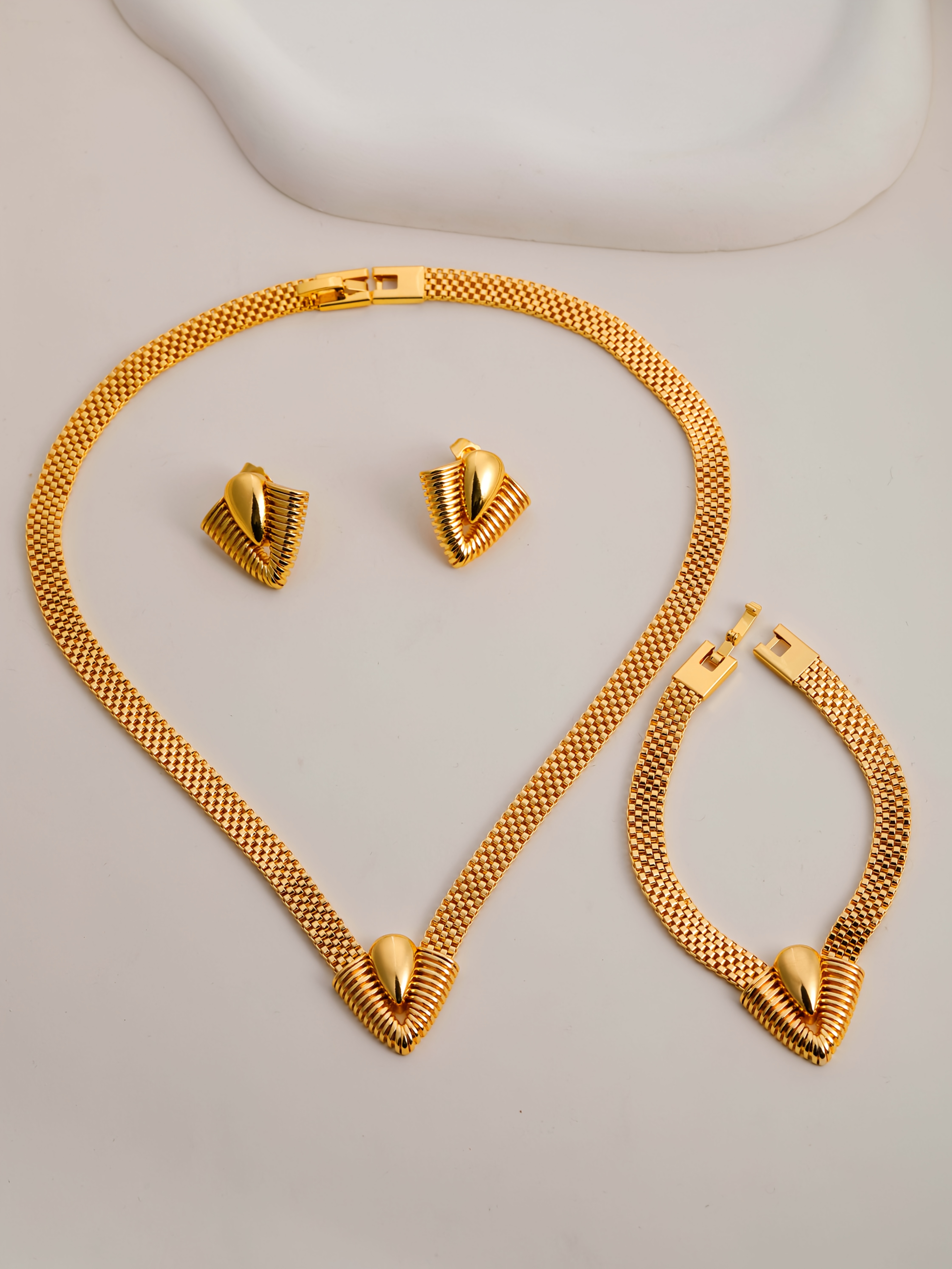 3pcs set vintage tribal style geometric v shaped necklace bracelet and earring 18k golden plated copper jewelry for weddings banquets and gifts for   details 1