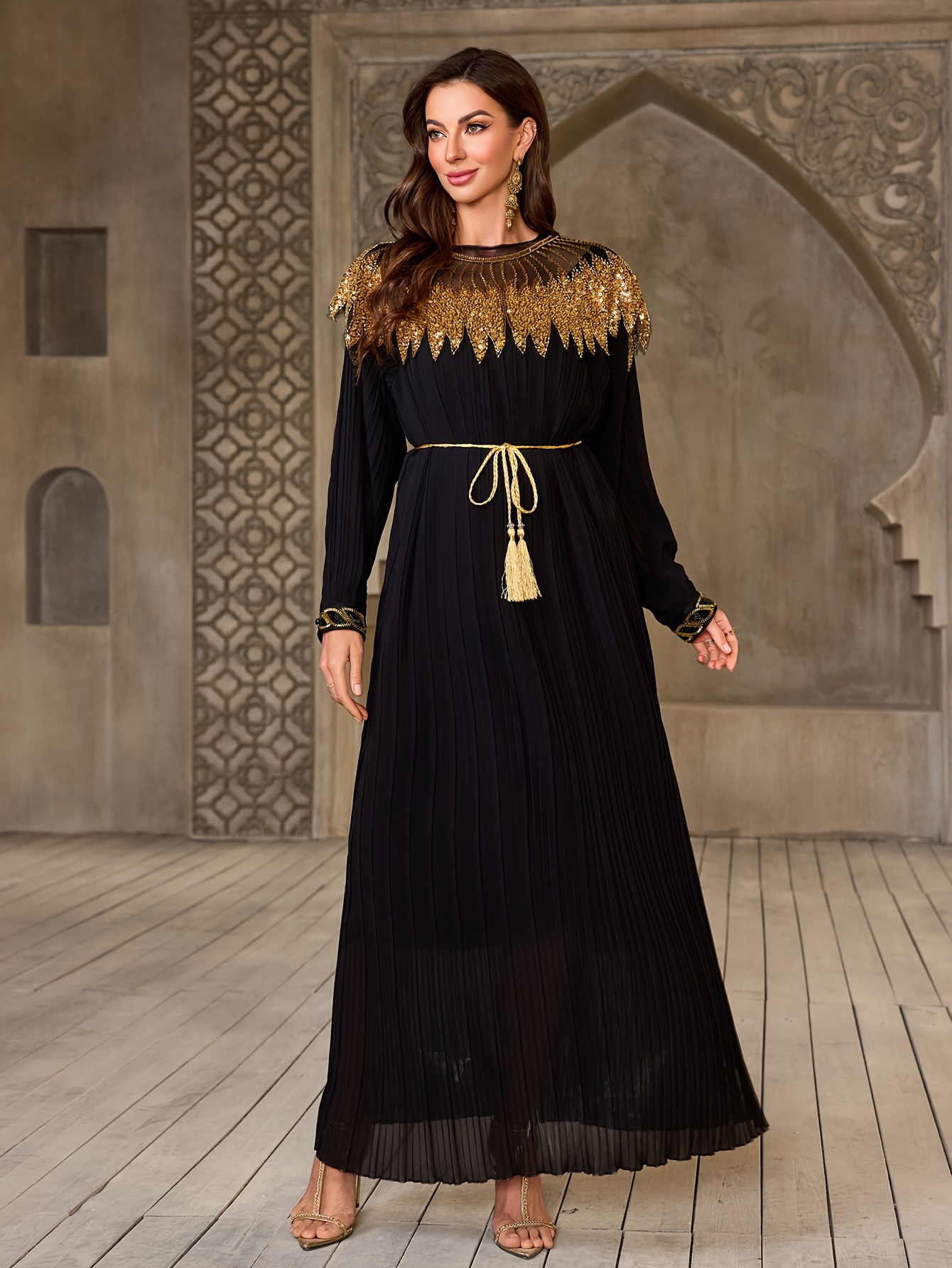 arabian style black gown golden neckline pearl Temu United Arab