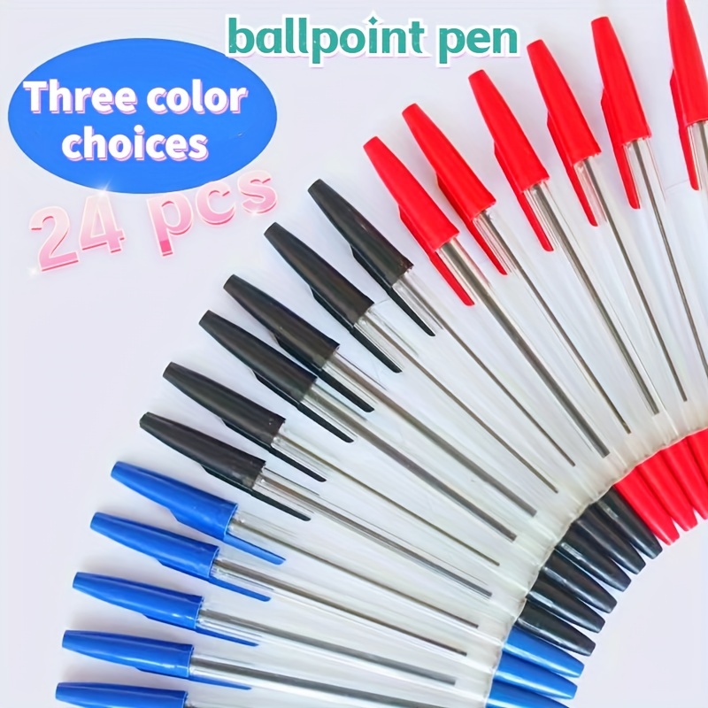 

24 Pack Zym Quick-drying Ballpoint Pens - Polypropylene Stick Pens With Click-off Cap, Medium Point For Smooth Writing, Ideal For Office & School, Suitable For Age 14+ (black, Red, Blue Ink Colors)