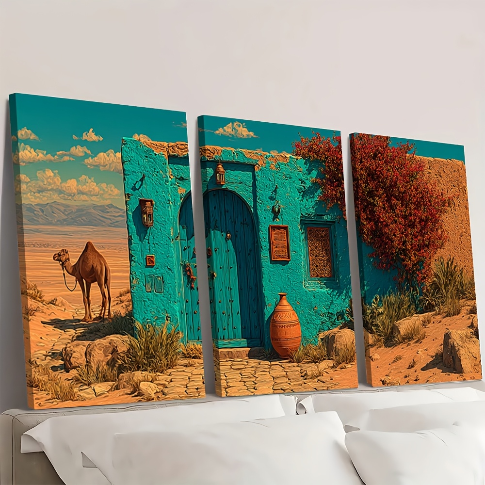 TEMU 2d Flat, 2d Flat, Set Of 3 Framed Canvas Artworks With A Bohemian Moroccan Desert Theme, Each Measuring 15.7x21.7 Inches, Showcasing A Camel And