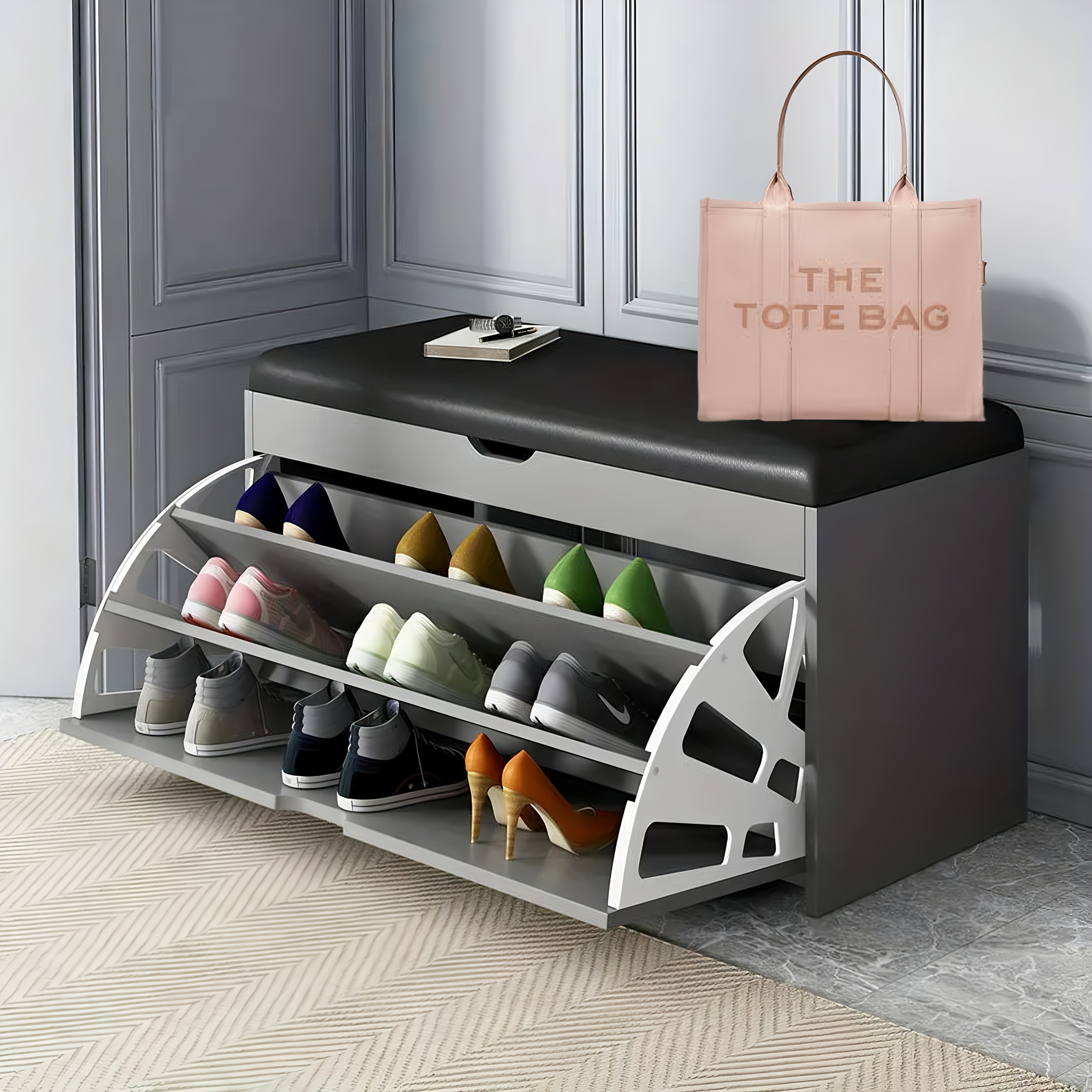TEMU Shoe Storage Bench Cabinet Shoe Rack With Cushion Seat Tier Shoe Rack Storageorganizer Free Standing Metal Shoe Shelfcompact Shoe Organizer With Side Bagfor Entryway Closet Bedroom