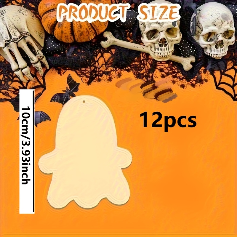 TEMU 12pcs Wooden Halloween Ghost-shaped Ornaments Set - Unfinished Halloween And Holiday Craft Decoration Kit, Home Decor Piece, Holiday Accessory,