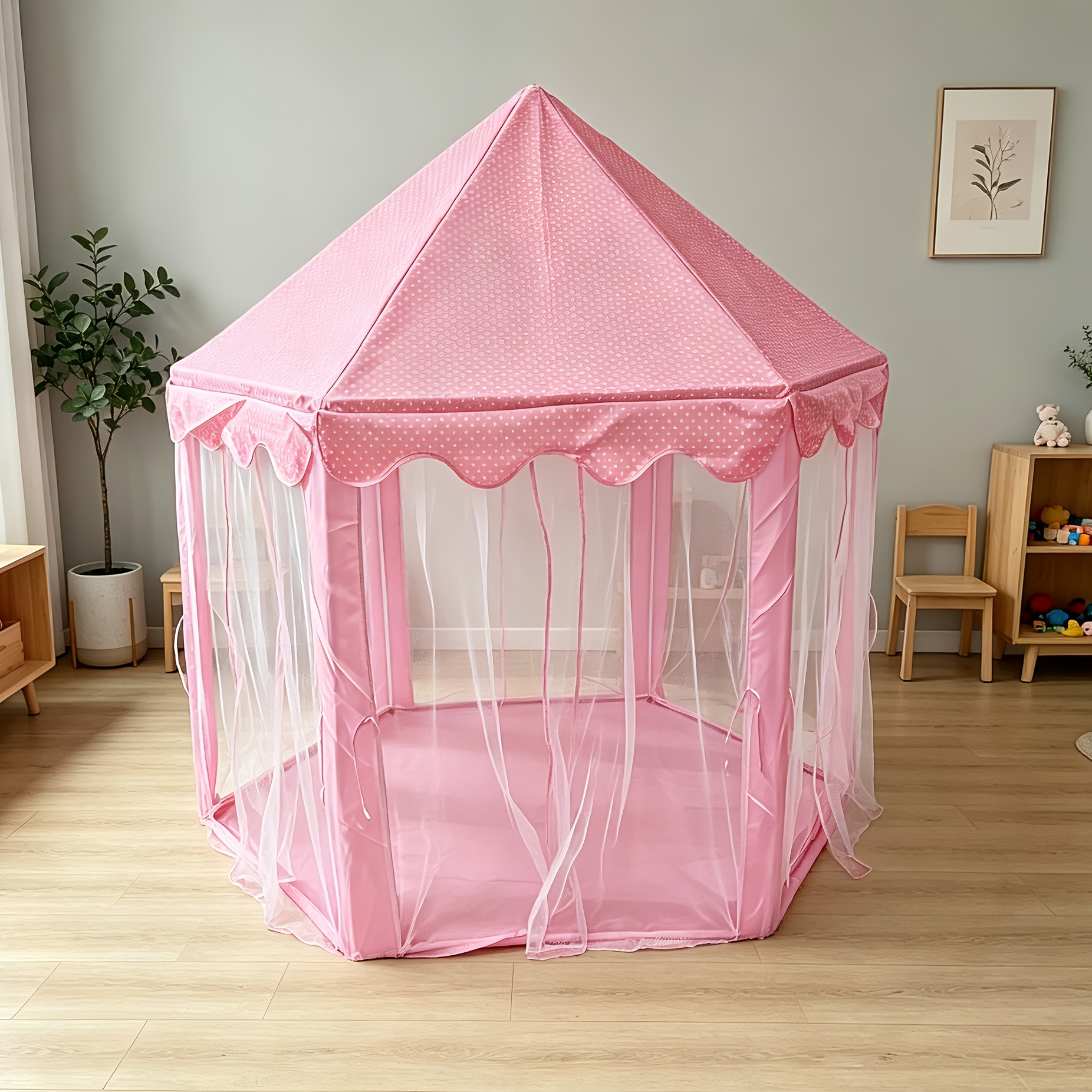 Image of Pink Princess Castle Play Tent With Sheer Curtains, Kids Reading Nook For Indoor/outdoor, Magical Playhouse For Girls