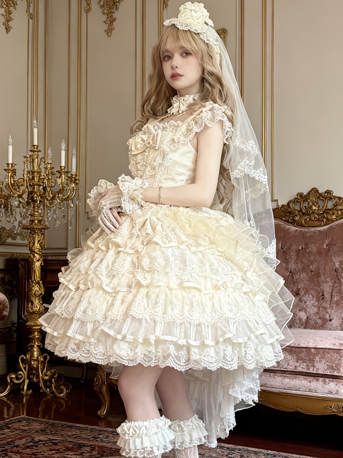 light yellow gothic lolita style lace ruffle jsk sleeveless - Temu Australia