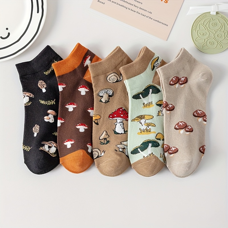 TEMU Pair Of 5/10 /summer Trendy Mushroom Pattern Cute Women's Ankle Socks - Soft, Comfortable, Breathable, Casual, Versatile, Thin, College Style,